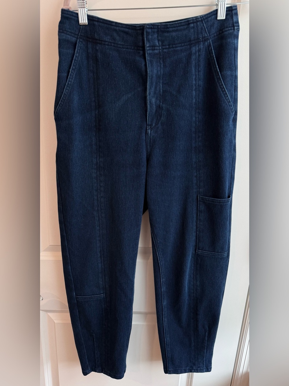 Anthropologie Pilcro Dark Blue Denim Look Trousers Tapered Barrel Leg size 29